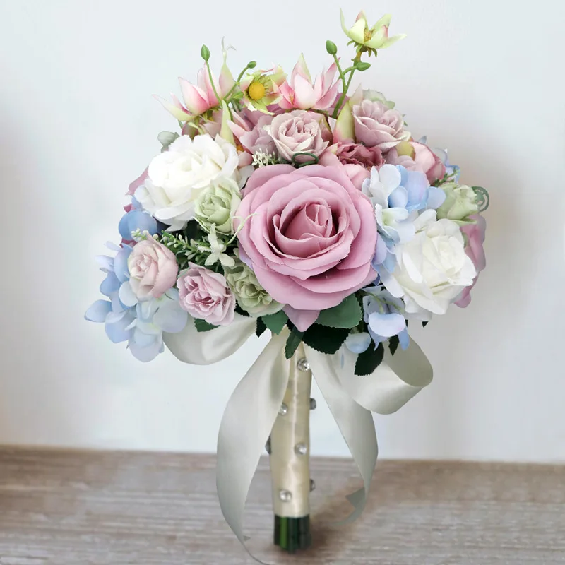 Lovely Pink Bridal Bouquets Wedding Flowers Decorations Blue Ivory 20*28cm