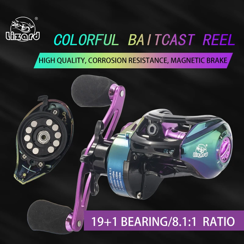 Colorido Baitcasting Reel Lizard 19 + 1 BB 8.1:1 Relação de Rotação de Alta Velocidade Freio Magnético Resistente à Corrosão de Alta Qualidade