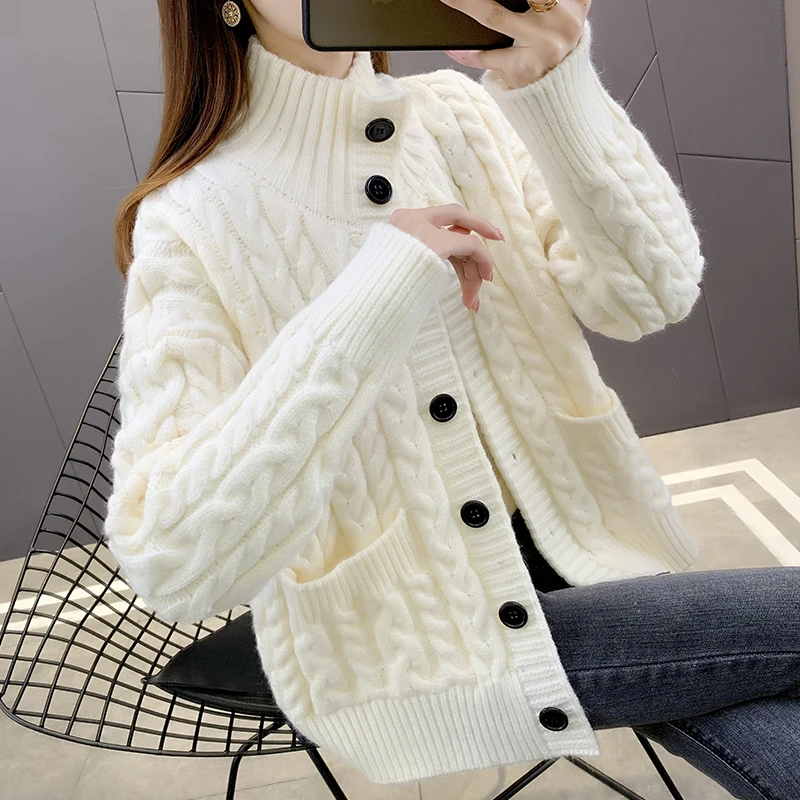 

Women Autumn Winter Knit Cardigan Sweater Casual 2022 Twist Wool Coat Long Sleeve Vintage Outerwear Buttons Female Clothing Top