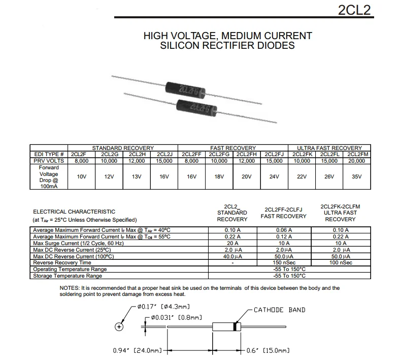 60mA 2CL2FF=8KV 2CL2FG=10KV 2CL2FH=12KV 2CL2FJ=15KV High Voltage Silicon Rectifier Diodes