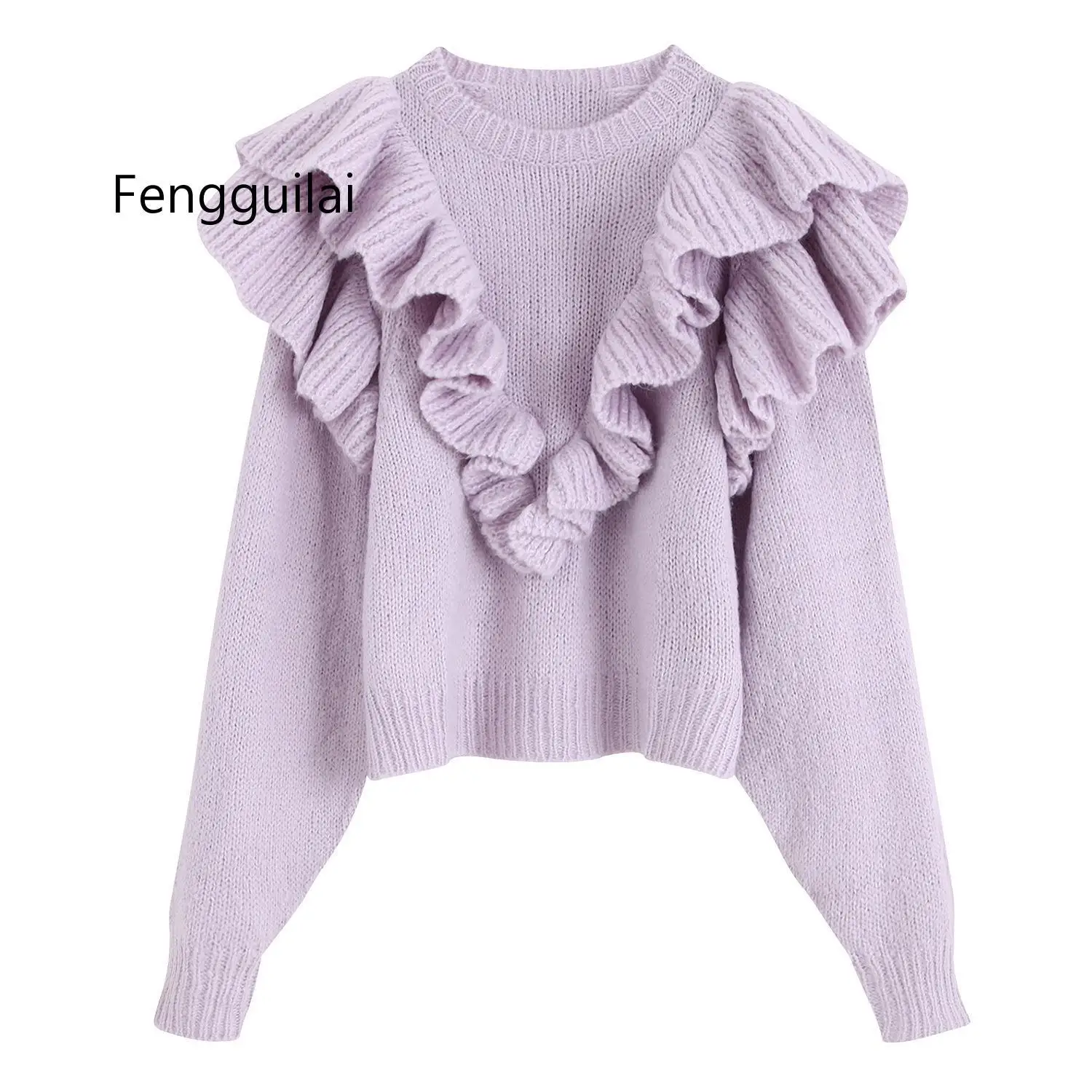 Autumn Winter Fashion Women 2020 Knitted Solid Sweater Ruffled Long Sleeve Female Ladies O Neck Pullover Stylish Chic Tops