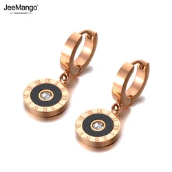 JeeMango Vintage Stainless Steel Black Acrylic Circle Roman Numeral Wedding Earrings For Women CZ Crystl Hoop Earrings JE20092