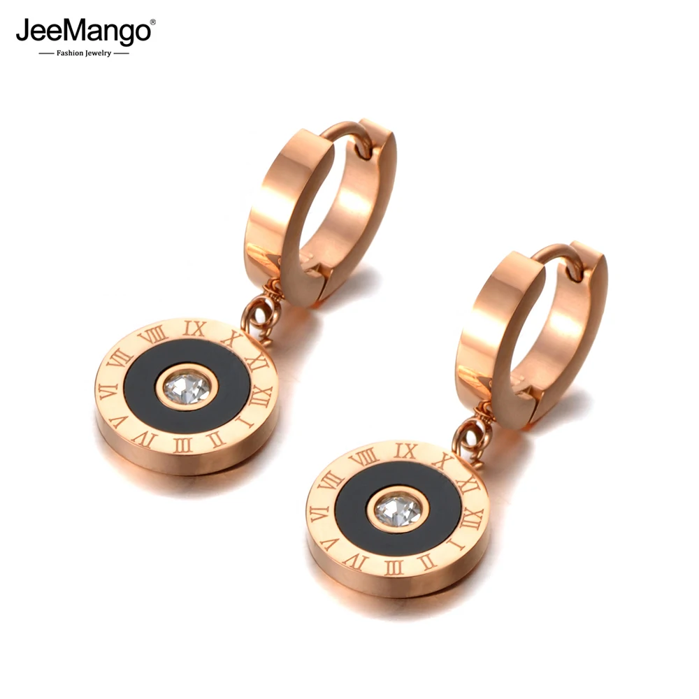 JeeMango Vintage Stainless Steel Black Acrylic Circle Roman Numeral Wedding Earrings For Women CZ Crystl Hoop Earrings JE20092