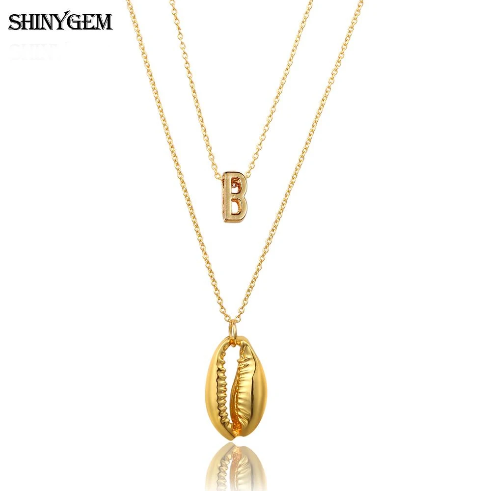 ShinyGem 2020 Fashion Creative Design Seashell 26 Letters Necklaces Vintage Gold Plating Double Layer Long Chain For Women Men