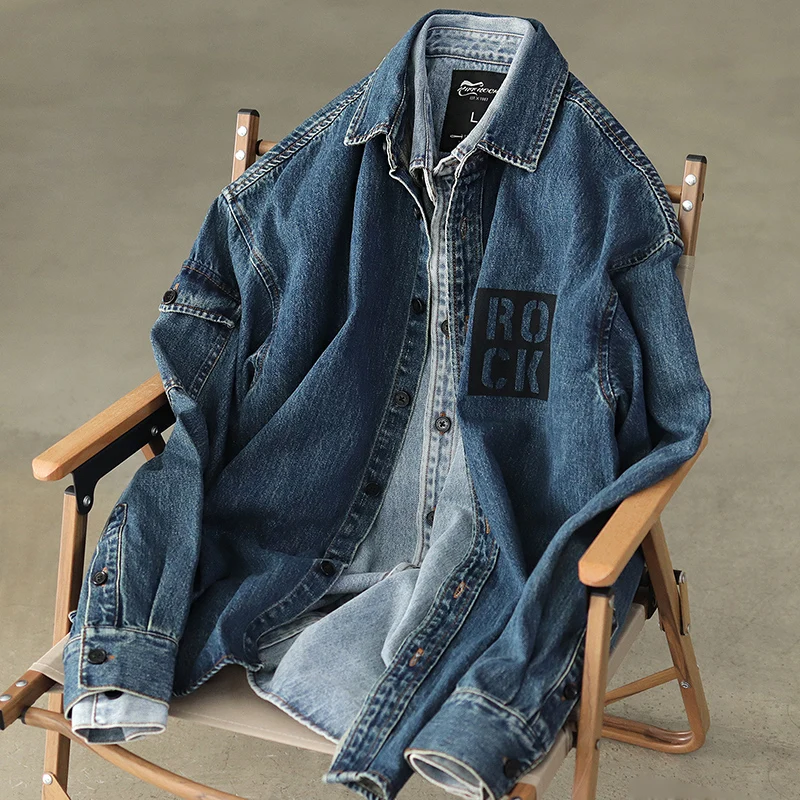 

750g Heavyweight Denim Shirt Coat Men's Fashion American Casual Retro Washed Thickened Autumn and Winter Tooling Blouses Jacket