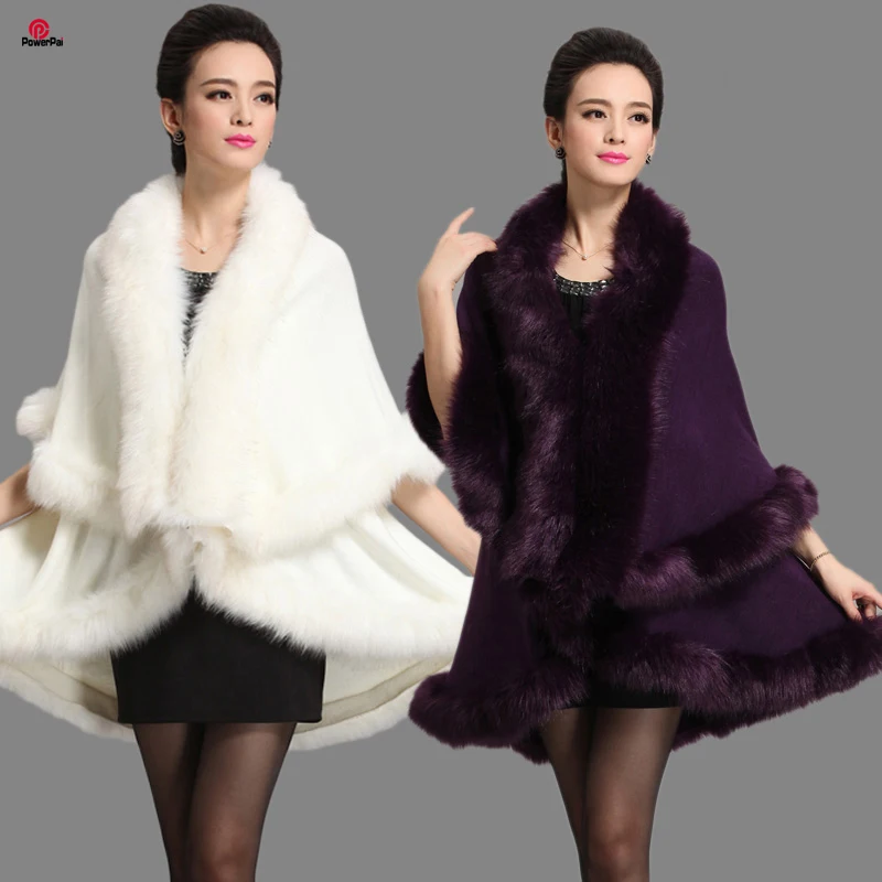 Autumn Winter Double Layer Faux For Fur Shawl Cape Women Knit Cashmere Cardigan Coat Elegant Wedding Party Dress Cloak Cappa