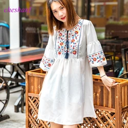 Women Vintage Floral Embroidery Dresses Bow Tie Lantern Long Sleeve Casual Brand Loose Pleated Dresses Elegant Boho Dress