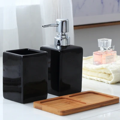 320 ml keramische emulsie dispenser wit zwarte fles hotel douchegel handdesinfecterend fles met bamboe lade voor keuken