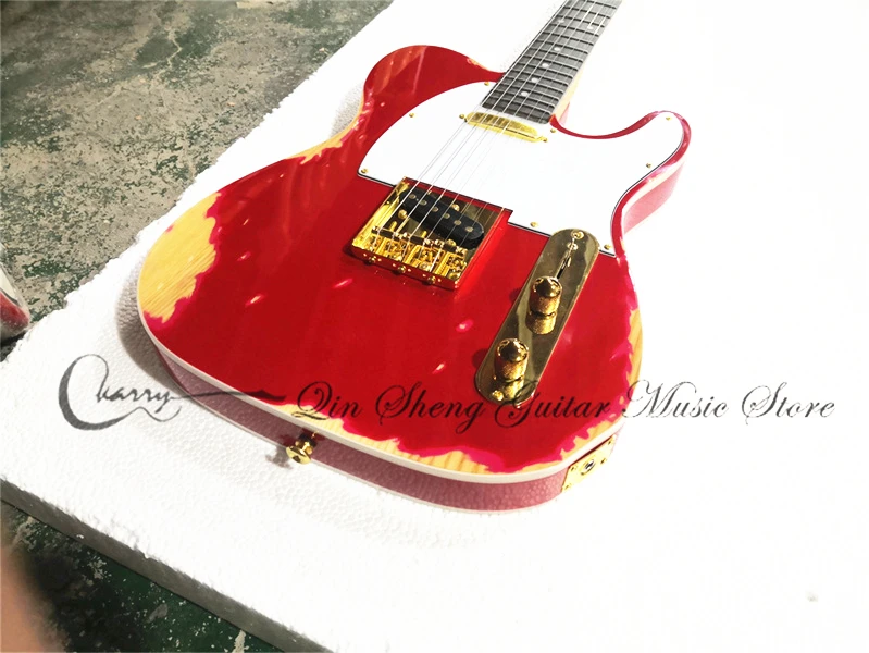 Pre-customized 6 Strings Electric Guitar,Tel guitar,ASH Distressed Red Body,SS pickups,Golden Buttons