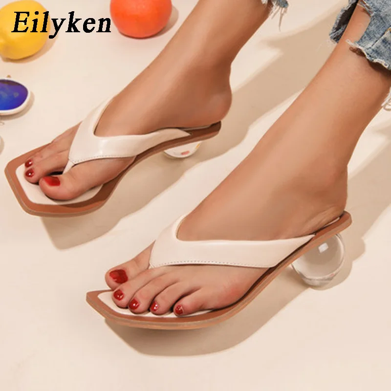 Eilyken Square Head Pinch Slippers Crystal Transparent Ball Low Heel Clear Women Flip Flops Slides Fashion Design Green Size 43