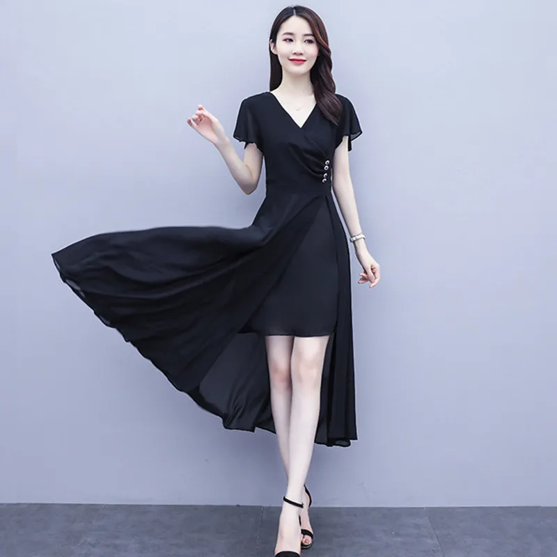 M-3XL Women Chiffon Long Dress Summer 2024 New Fashion Elegant Short-sleeve Split Hem Slim Thin Full Dresses Female Red Black