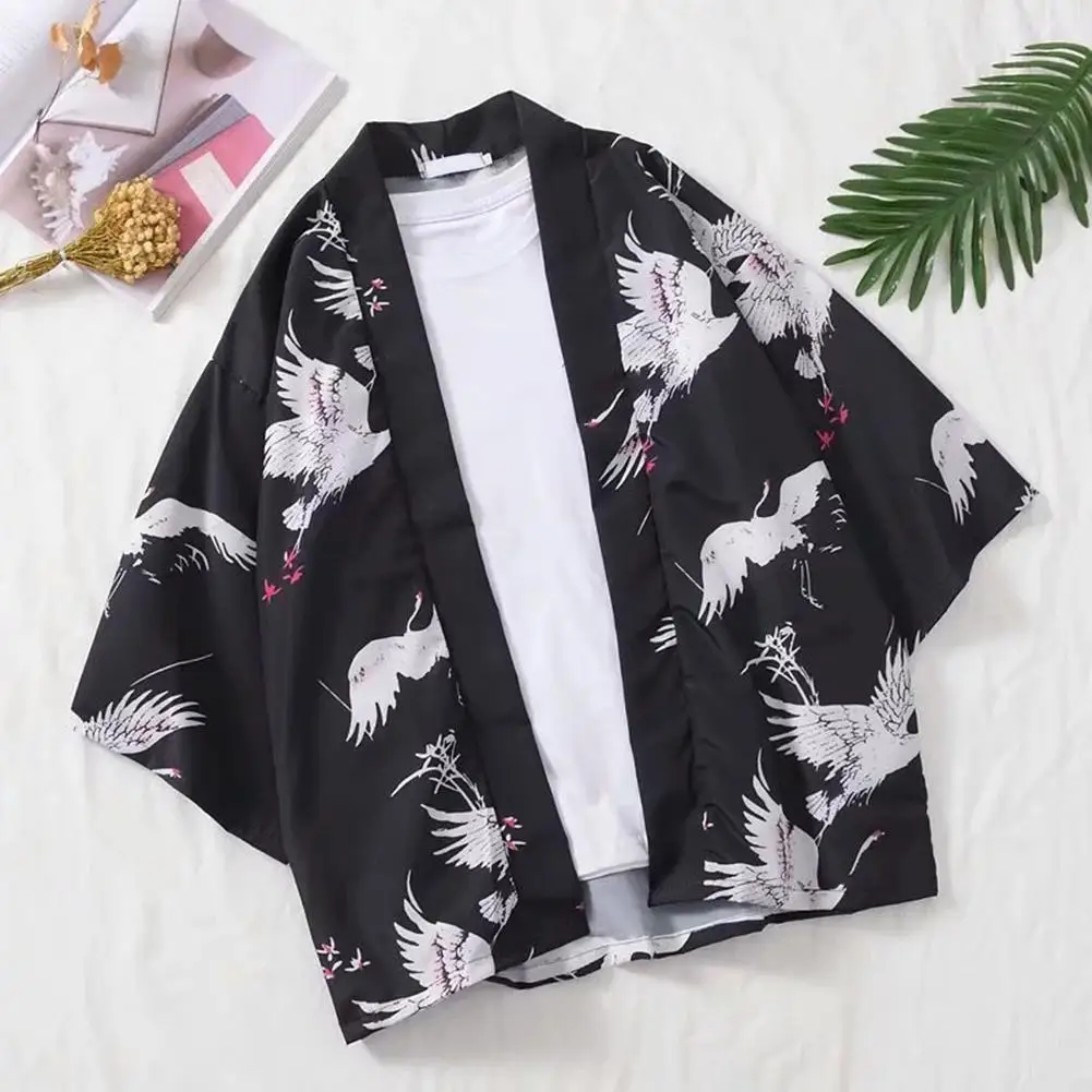 Casual Men Flying Crane Front Open 3/4 Sleeve Kimono Cardigan Yukata Coat Shirt