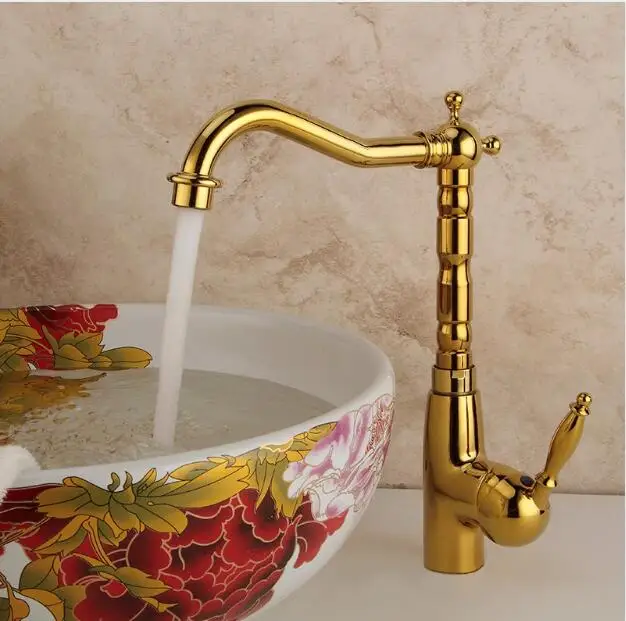 

Vidric Kitchen Faucets Single Holder Single Hole Kitchen Sink Faucet Swivel Spout Gold Sink Crane Brass Hot&Cold Mixer Water Tap