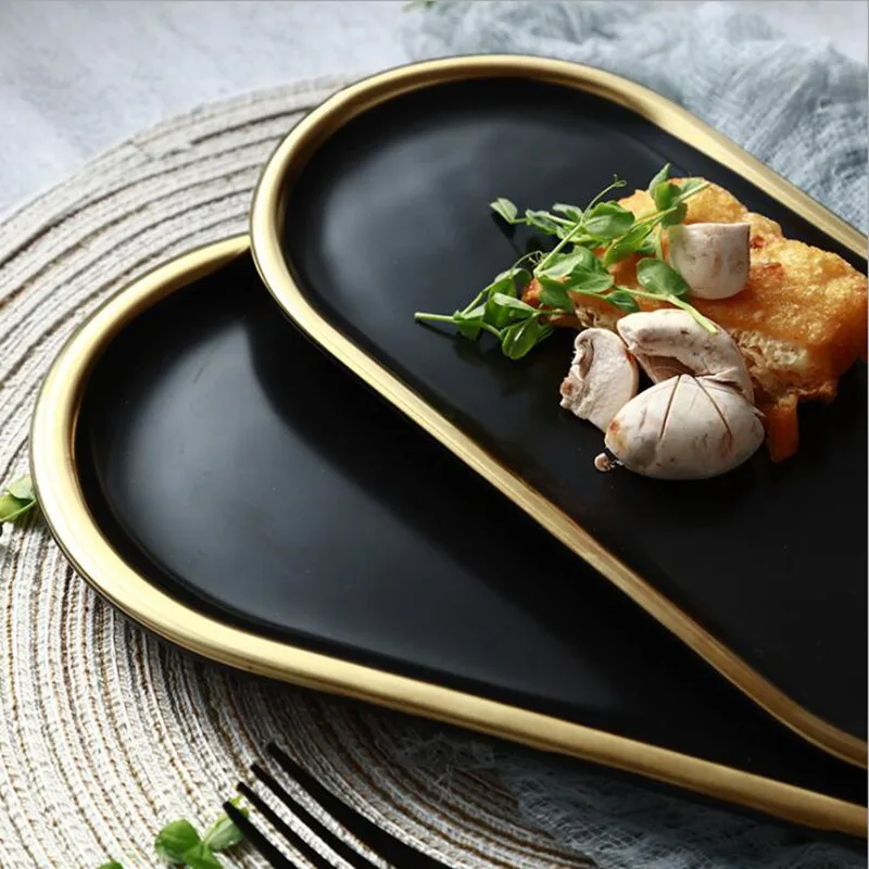 Nordic Style Black Gold Rim Ceramic Tray Jewelry Tray Snack Tray Dinner Plate Cake Tray Set Plate 1PC