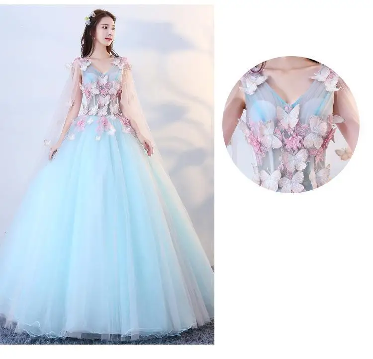 2023 Quinceanera Dresses With Cap Summer New Fairy Dress Butterfly Light Blue V Neck Ball Gown Vestidos De 15 AnosCustomized