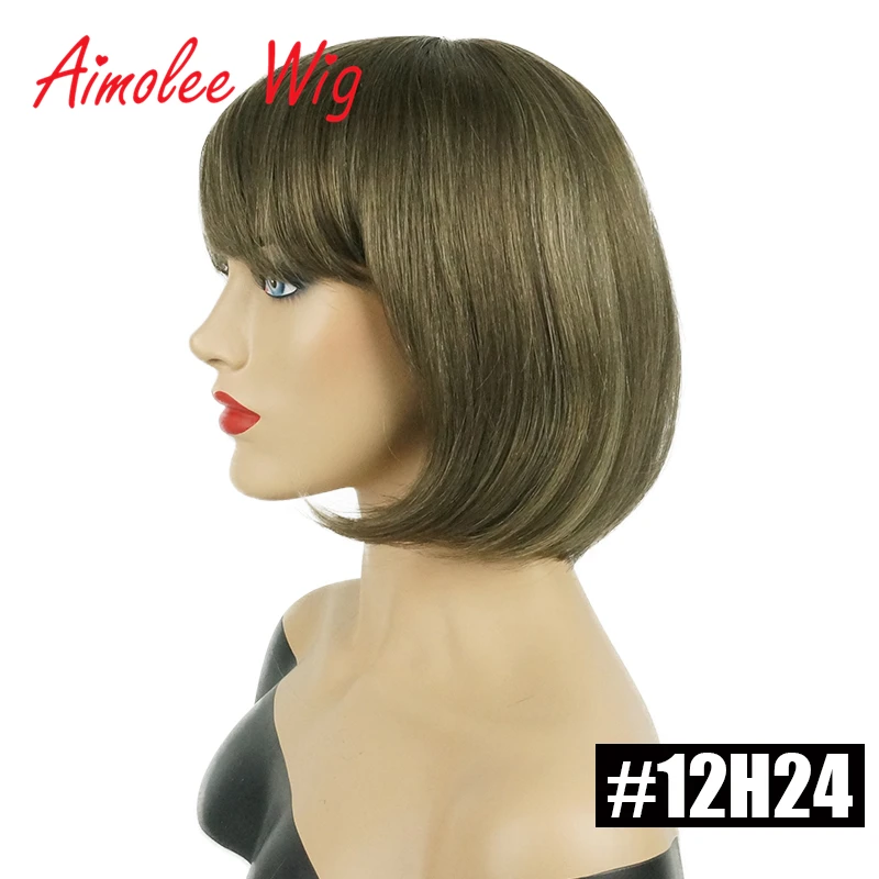 Aimolee Short Straight Bob Style Wigs with Bangs Brown Black Blonde Highlights Human Hair Blend Synthetic Wigs for Women