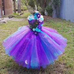 Girls Peacock Glitter Feather Flower Tutu Dress Kids Crochet Tulle Dress Ball Gown with Hairbow Children Party Costume Dresses