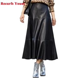 Women Genuine Leather 80 CM Long Skirt Female French Elegant Stitching Super Long Flared Saia Longa Mujer Yellow Umbrella Jupe