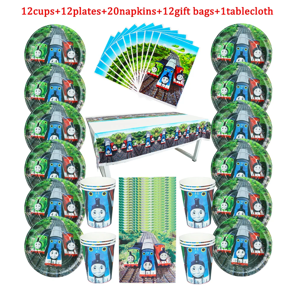 57Pcs Disposable Tableware Thomas Friends Theme Kids Birthday Party Paper Plate+Cup+Napkin+Candy GiftBag+Tablecloth Supplies