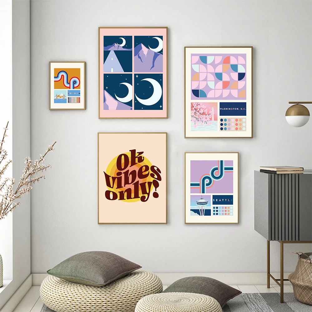 Vibes Abstract Art Pink Quote Poster Print London Groovy Retro Cowboy Moon Landscape Canvas Painting Kid Living Room Home Decor