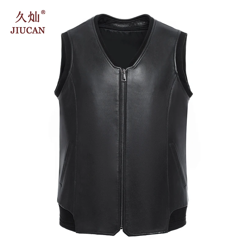 

2023 Men's Zipper V-neck Leather Vest with Wool Liner Warm Leather Vest