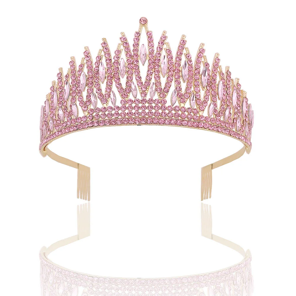 Baroque Sparkling Pink Crystal Bridal Tiaras Gold Color Rhinestone Pageant Crowns With Combs Headbands Wedding Hair Accessories