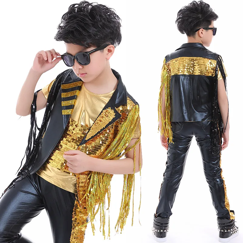 Hip Hop Costume Sequined Fringed Coat Tops Pants Jazz Performance Clothing Boys Street Dance Suit Modern Stage Wear DNV12485