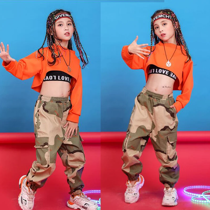 Children Hip Hop Clothing Sweatshirt Top Crop Running Casual Pants for Girl Kid Jazz Dance Costume Wear Ballroom Dancing Clothes
