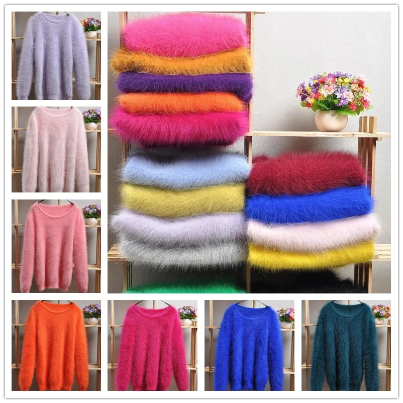 ladies women fashion colorful rainbow hairy mink cashmere knitted long sleeves slim cardigans angora fur jacket coat sweater top