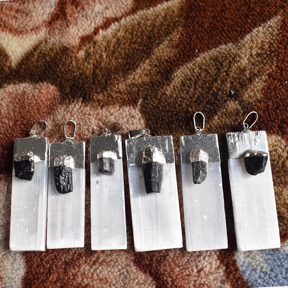 wholesale 6pcs/lot natural Selenite Plaster Black Tourmaline Pendants Rock Mineral Specimen Jewelry Reiki Healing Energy Charms