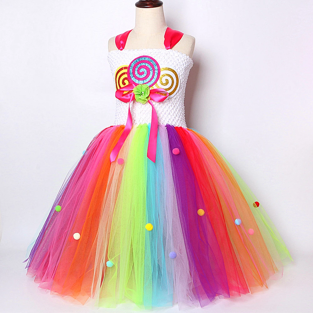 Rainbow Lollipops Long Tutu Dress for Girls Candy Birthday Party Costumes for Kids Christmas Halloween Outfit Princess Ball Gown