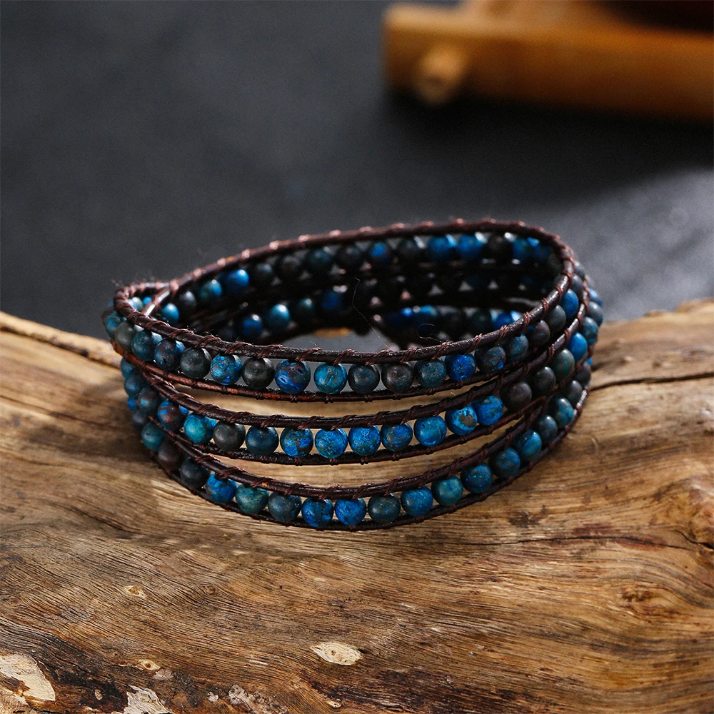 Fashion Bohemian Beaded Women Jewelry Handmade 3 Strands 4mm 6mm Natural Larimar Stone Wrap Bracelets Festival Gift