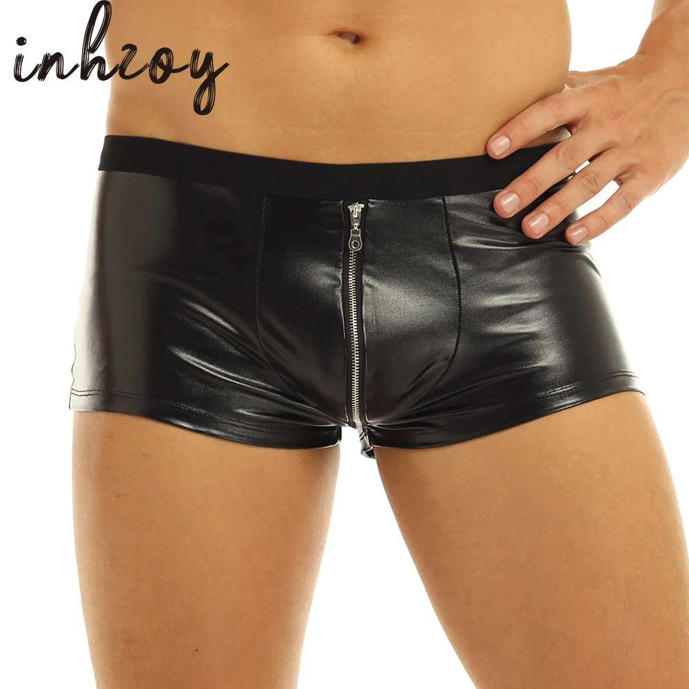 

inhzoy Men Club Shorts Lingerie Wet Look Boxer Briefs Zipper Open Crotch Jockstraps Bulge Pouch Sexy Male Underwear Underpants