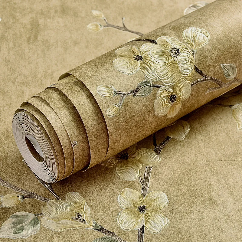 

Beige Green Non Woven Wallpaper 3D Floral Wall Sticker Home Bedroom Living Room Girls Room Decor Wallpapers 10m Roll Papers