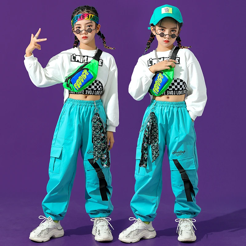 

2025 Jazz Dance Costumes For Girls Long Sleeved Crop Tops Loose Pants Ballroom Hip Hop Dance Clothes Performance Wear DQS8510