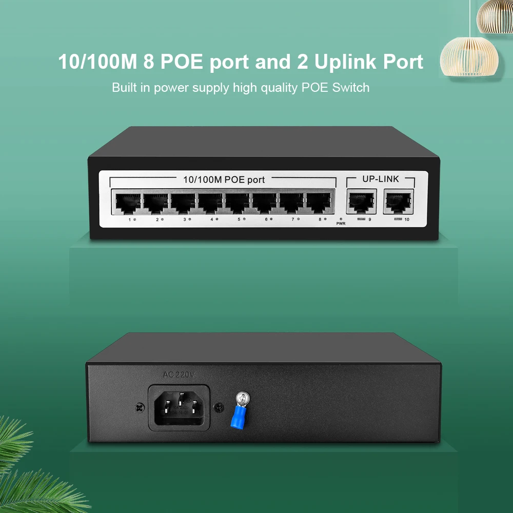 Interruptor PoE de 8 puertos CCTV, conmutador Ethernet rápido IEEE, 802.3af, 10 puertos, 10/100 puertos, para cámara de red POE IP