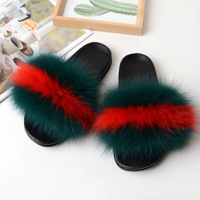 Fox Fur Slides Women Summer Furry Slippers Woman Fuzzy Slippers Outside Fluffy Sliders Black Luxury Ladies Flats Shoes Wholesale