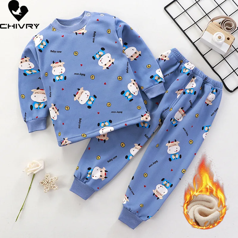 Mới Trẻ Em Bé Trai Làm Dày Pyjama Bộ Hoạt Hình Cổ Tròn Áo Thun Áo Kèm Quần Bé Gái Thu Đông Ấm Ngủ Bộ Quần Áo