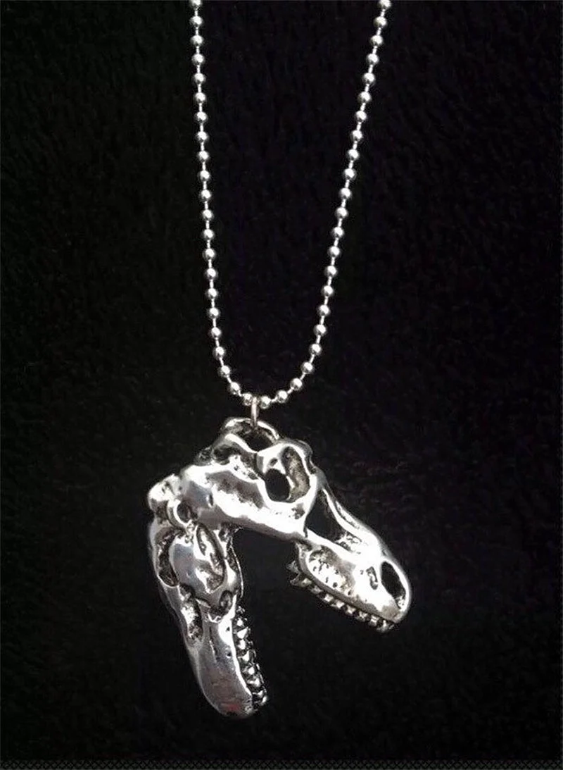 Handmade T-Rex Dinosaur Skull Pendant Long Necklace 24 Inch Chain T Rex Silver Plated/Key Ring