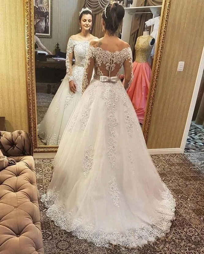 Luxury Off the Shoulder Arabic Muslim Wedding Dresses 2020 Long Sleeve Full Beads Wedding Gowns Bride Dresses Vestido De Novia