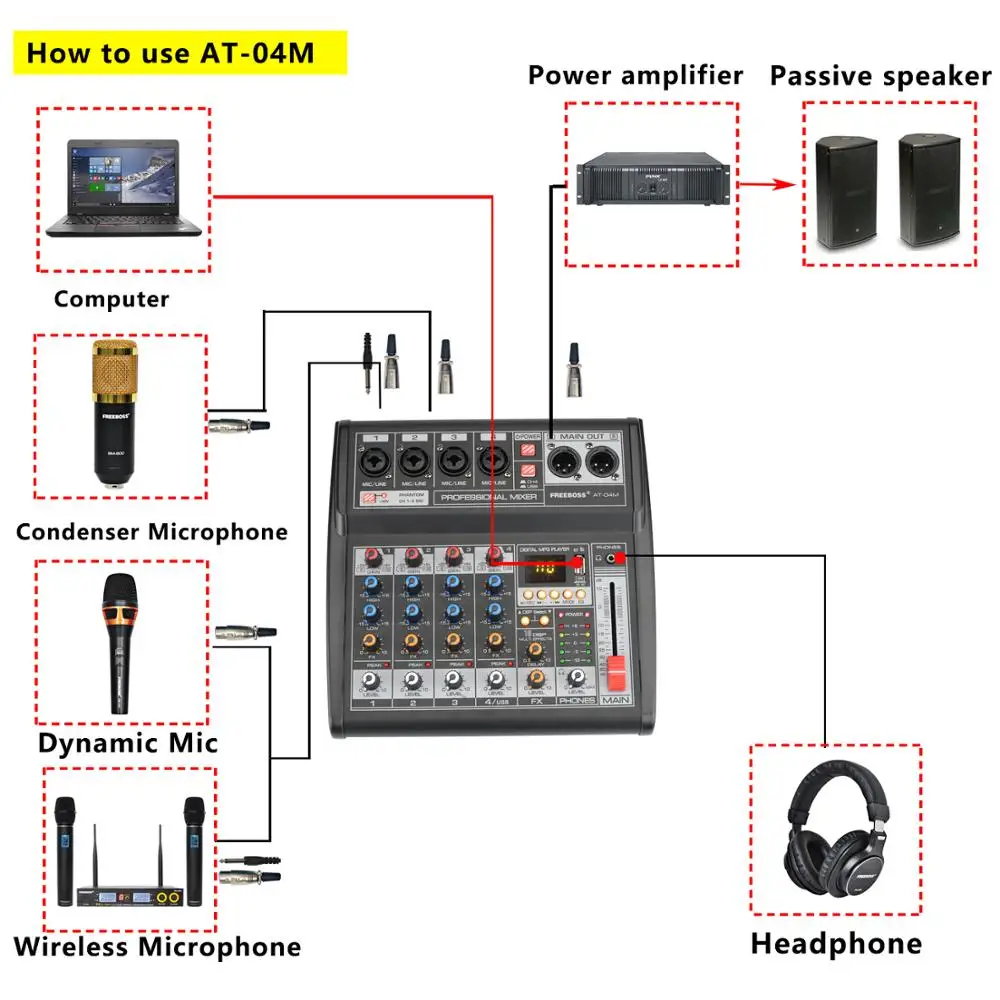Freeboss AT-04M Tragbare DC 5V Netzteil Bluetooth Usb-schnittstelle 4 Kanal 16 Wirkung PC rekord Soundkarte Audio mixer Konsole