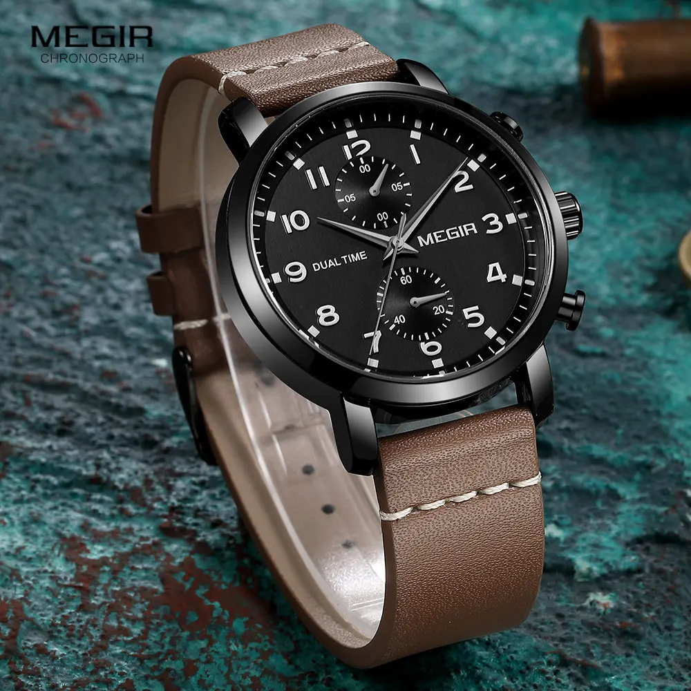 MEGIR Casual Sport Watches for Men Top Brand Luxury Military Leather Wrist Watch Man Clock Fashion Chronograph Wristwatch Brown