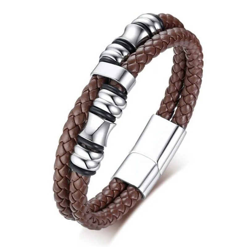 Charm Black Genuine Leather Bracelet High quality metal Double Braided Rope Bracelets for Men Women Magnetic Cuff Bangle