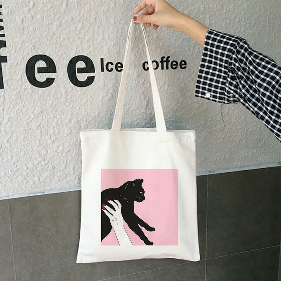 Graphic Shopping Bags 90s Fashion Ulzzang Harajuku Kawaii Handbags Tote Funny Black Cat Print Women Canvas Shoulder Bag