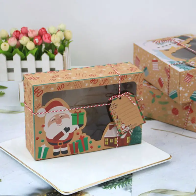 

3pcs Merry Christmas Cookie Gift Box Kraft Paper Candy Boxes Clear Window Packaging Bag Party Favor Navidad Xmas Decoration