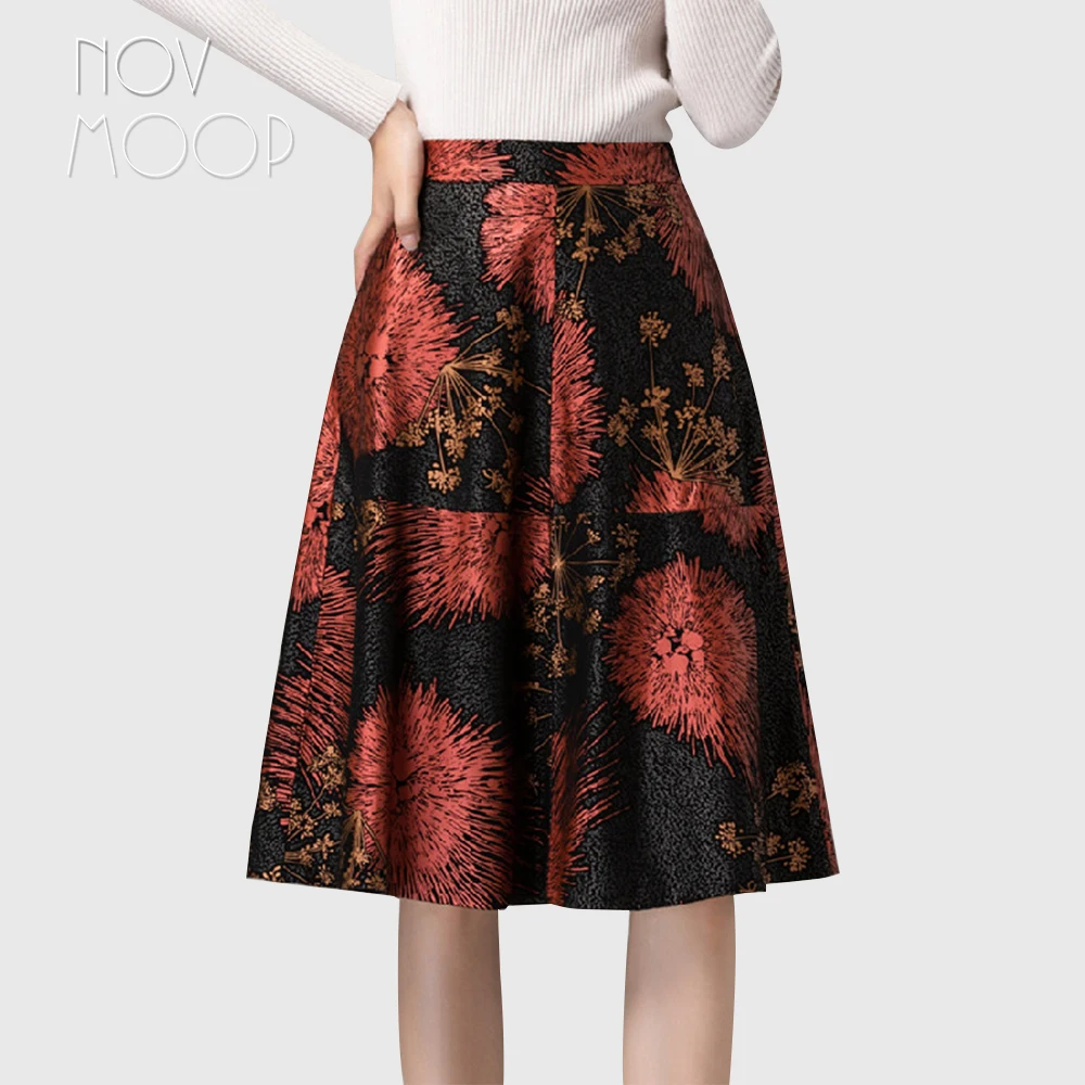 Novmoop gold red color printed soft sheepskin genuine leather women skirt mid-calf length elegant office lady style jupe LT3425