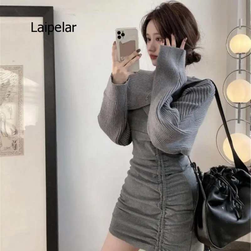 Long Sleeve Knitted Sweater Shawl Blouse Women's Autumn and Winter 2 Pes Set Suit New Tight Bottomed Buttock Dress