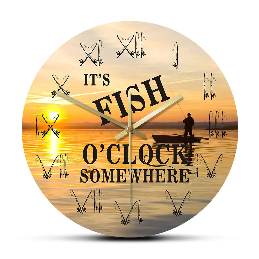 It's Fish'o Clock Somewhere Fishing Boat Sunset Scenery Wall Clock Fisherman Fishing Pole Rod Roman Numerals Home Decor Clock