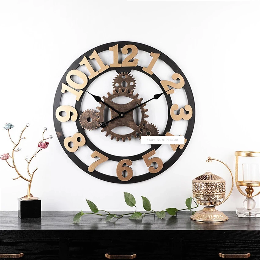 58cm Gear Vintage Wall Clock Living Room Restaurant Creative Wooden Wall Clock Decorate 3D Mute Single Face Wag-On-The-Wall