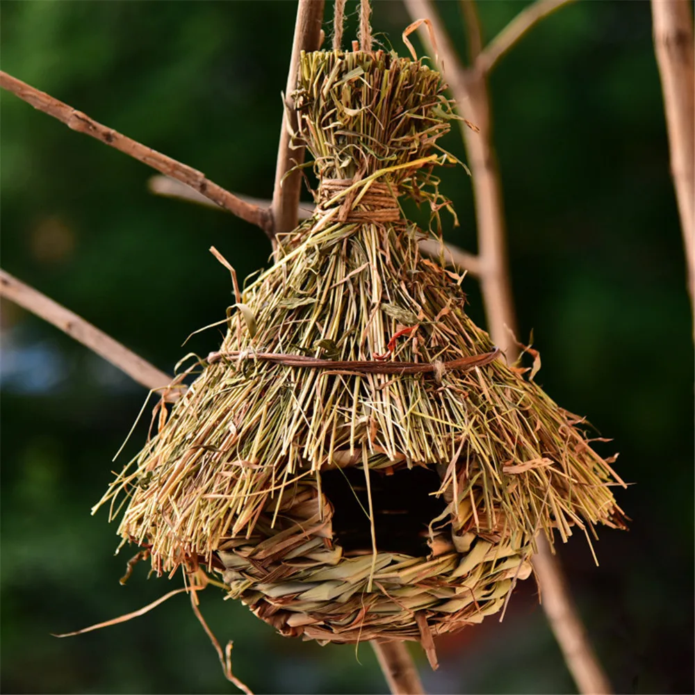 Gaiolas de pássaros acessórios para papagaios ninho artesanal tecer palha casa de pássaros interior ao ar livre pendurado aviário rede grama birdhouse